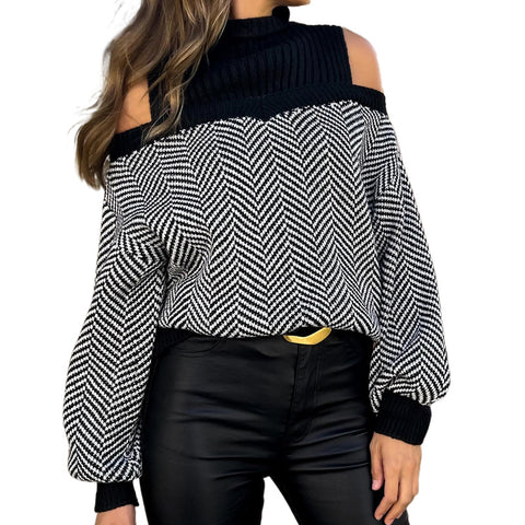 Striped sweater women's semi-turtleneck fashion pullover cold shoulder knitted sweater m300853