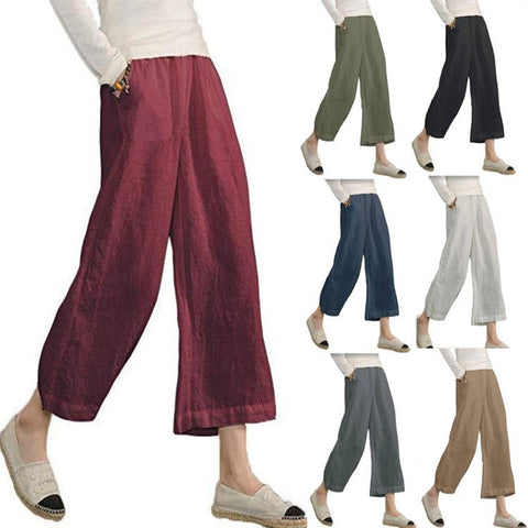 Solid color cotton and linen loose casual wide-leg nine-point pants women's m301570