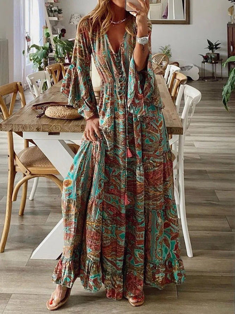 Bohemian Flared Sleeve Printed V-Neck High Waist Vacation Dress m300709