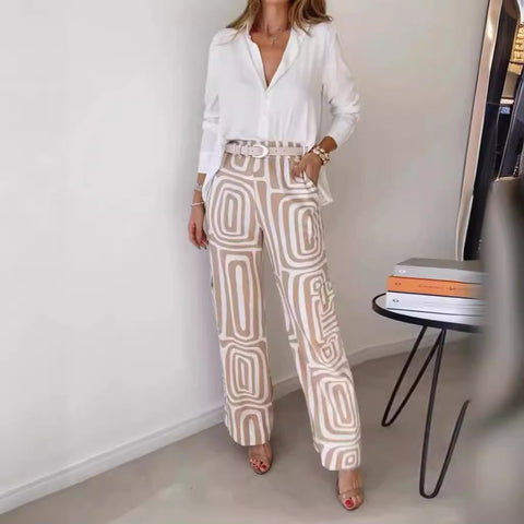 Casual suit women's high-end digital printing commuter shirt loose trousers two-piece set m301306