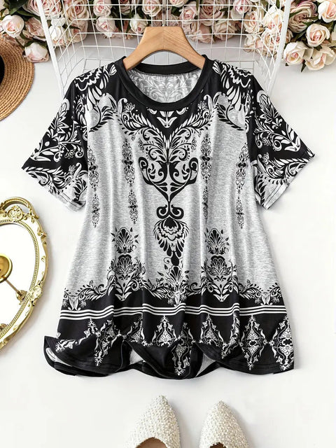Retro printed cotton short-sleeved T-shirt early spring new versatile crew neck bottoming shirt m301287