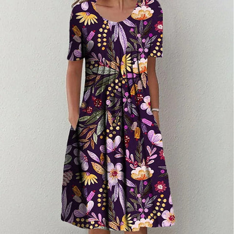 Spring/Summer Flower Printed Round Neck Pocket Mid length Dress for Women's Clothing m300037
