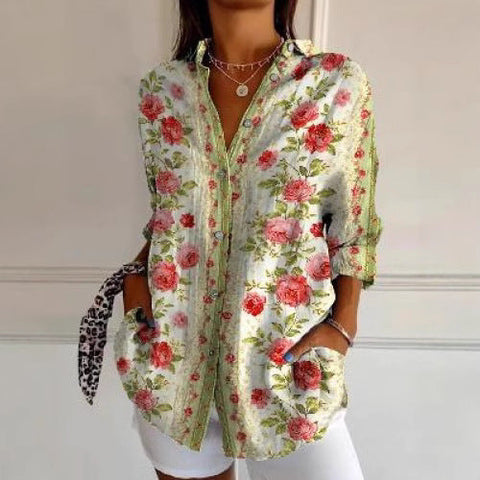 3D digital printing abstract pattern women's long-sleeved buckle linen shirt m301277