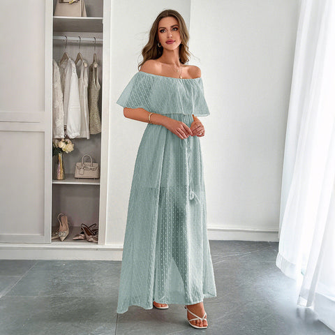 Casual simple wind off-the-shoulder semi-transparent slim-fit long dress m301413
