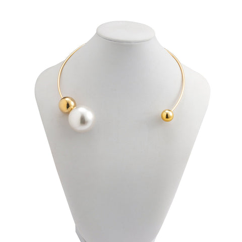 Gold pearl collar with open circular ring asymmetrical and minimalist fashion round bead necklace for women m3331192
