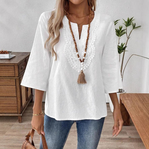 Women's loose solid color V-neck lace edge shirt m301477