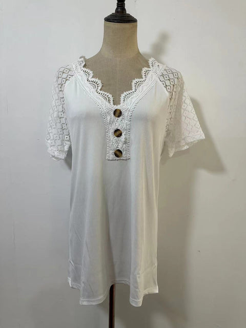 Comfort and Casual Lace Short Sleeve Stitching V-neck Pullover M300159