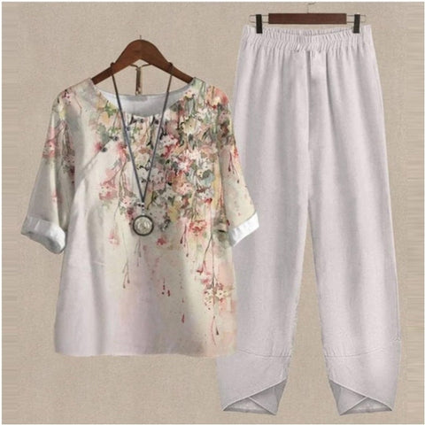 Split sleeved printed top and pants two-piece set m300036