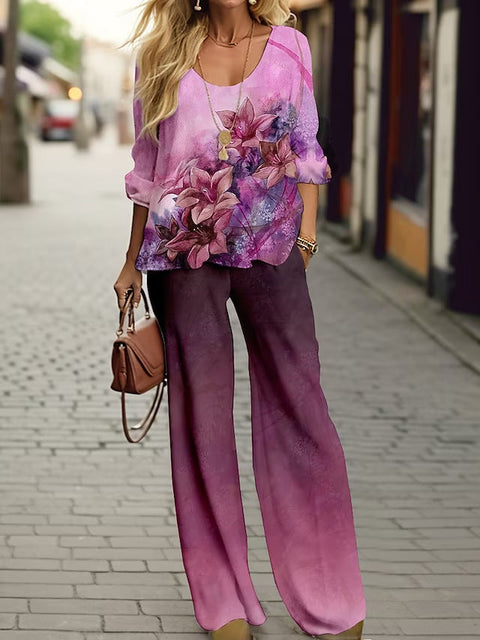 Long Sleeve Set Crew Neck Linen Printed Shirt Set m301254