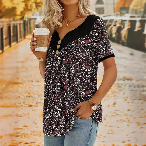 Small floral splicing button casual short-sleeved top m300662