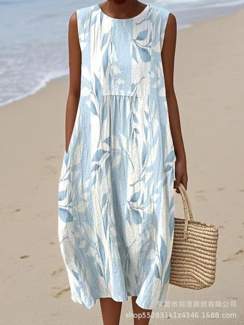 New sleeveless casual printing temperament long dress dress slim fit small fresh casual dress m301521