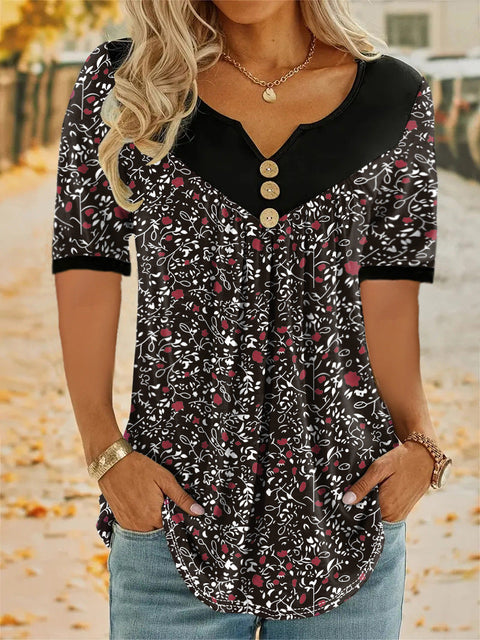 Small floral splicing button casual short-sleeved top m300662
