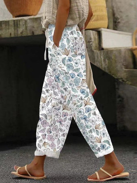 Women's pocket casual printing elastic waist trousers straight-leg trousers m301372