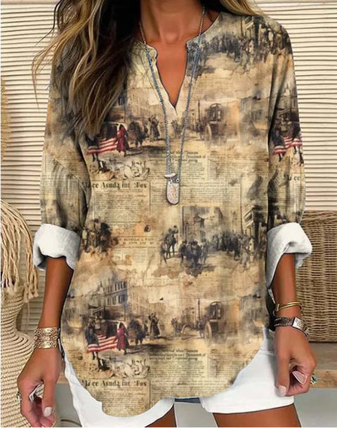 Loose 3D Printed V-Neck Shirt Long Sleeve T-Shirt m301360