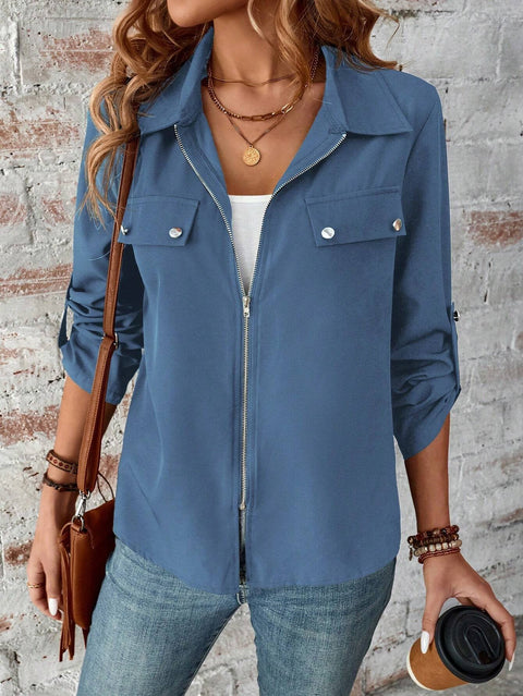 lapel zipper cardigan purse hat solid color long sleeve jacket m300675