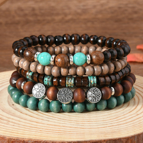 Retro wind zinc alloy life tree hand-woven wooden beads beaded multi-layer five-piece bracelet m3331272