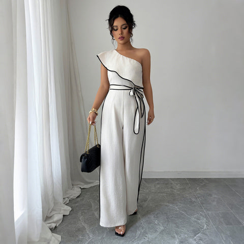 Elegant wind slanted shoulder vest wide leg pants jumpsuit m301391