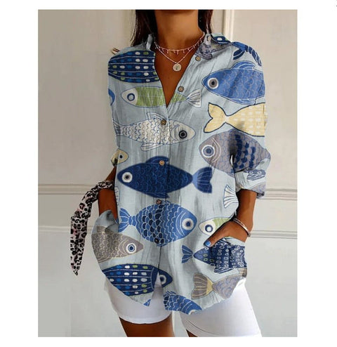 3D digital printing abstract pattern women's long-sleeved buckle linen shirt m301277