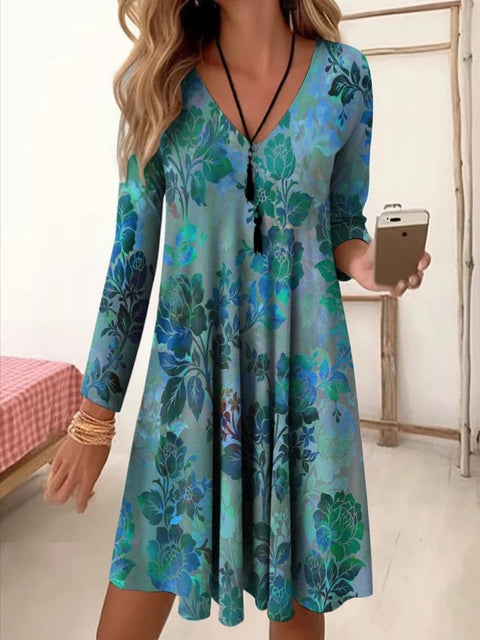 Autumn and winter V-neck high waist retro gradual change color printing nine-quarter sleeve loose dress m300742