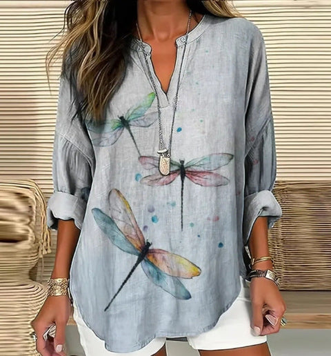 Loose 3D Printed V-Neck Shirt Long Sleeve T-Shirt m301360