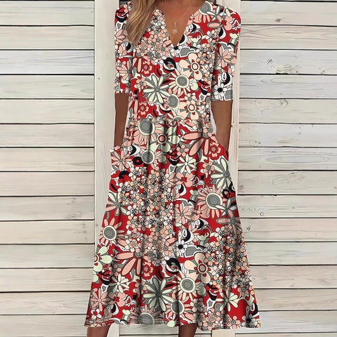 Printed V-neck elegant five-quarter sleeve dress m301208