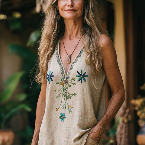 Plant flower print V-neck ethnic tribal vest top m301533