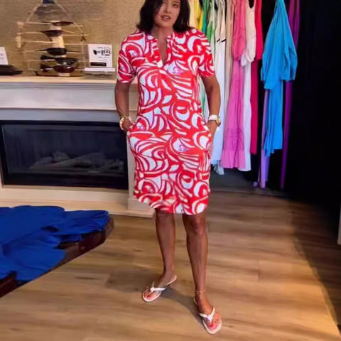 Short sleeve printed V-neck fashion dress m301312