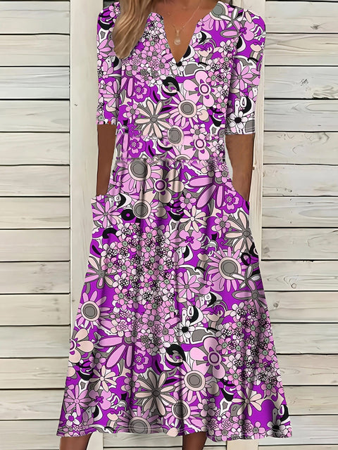 Printed V-neck elegant five-quarter sleeve dress m301208