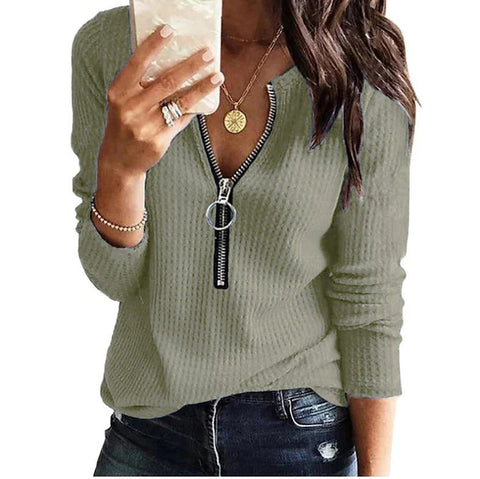 Knitted V-neck Long-Sleeve Zipper Top plus Size T-shirt Female M300174