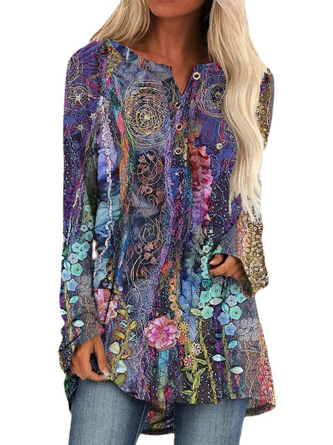 Fashion Women's Long Sleeve Small V-Neck Flower Print T m301559