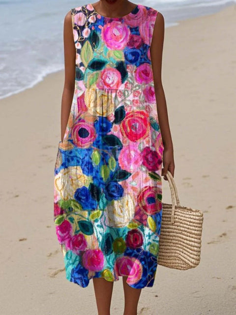 New sleeveless casual printing temperament long dress dress slim fit small fresh casual dress m301521