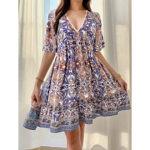 Spring and Summer Vacation Casual Printed V-neck Dress M300211