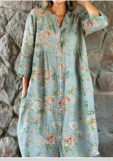 Women's Loose Crew Neck Fashion Premium Long Sleeve Printed Shirt Dress m301050