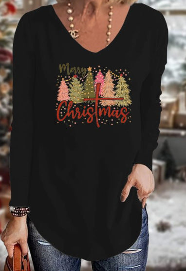 Loose 3D V-neck long-sleeved T-shirt women's Christmas printed bottoming shirt m302098