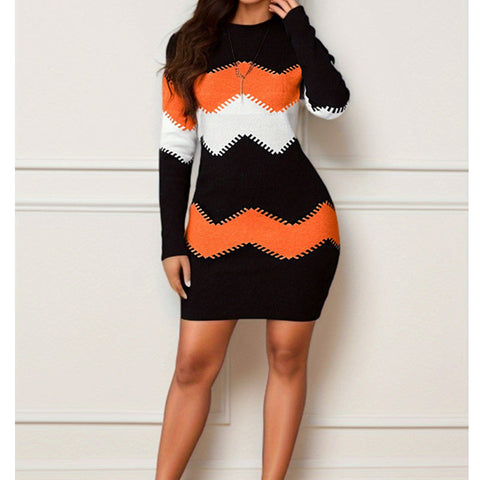 Mid-Length Skirt round Neck Long Sleeve Printed Knitted Sheath Dress M300204