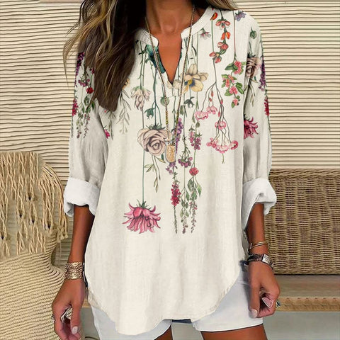 Loose 3D Printed V-Neck Shirt Long Sleeve T-Shirt m301360