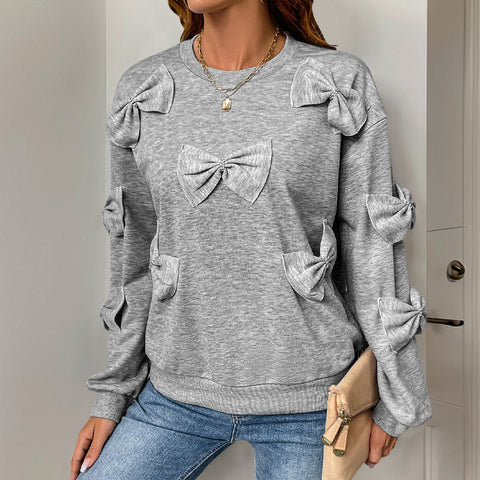 Bow stitching grey crew neck sweater m300824