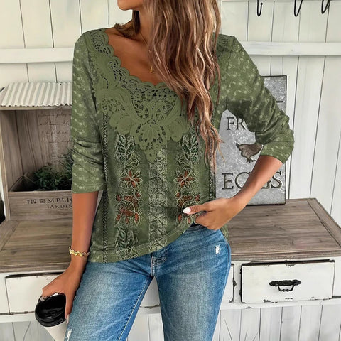 Stylish and elegant digital printing lace splicing crew neck T m301558