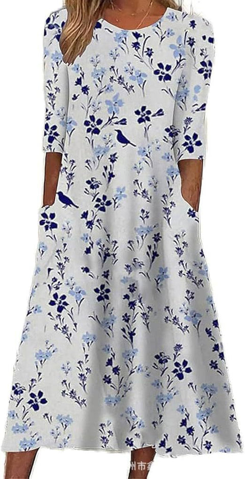 Ladies Casual Crew Neck Pullover Short Sleeve 3D Printing Pleated Waist Swing Long Dress Dress m301299