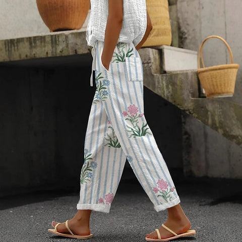 Regular drawstring pocket slacks multi-color digital print women's trousers m301434