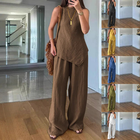 Casual round neck pullover sleeveless plus pocket trousers cotton multi-color m301437