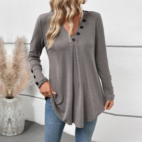 Autumn casual top medium and long v-neck solid color long-sleeved t-shirt women's m300796