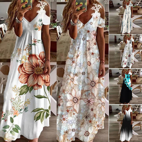 Summer new lace suspender v-neck fashion printed loose dress m301218