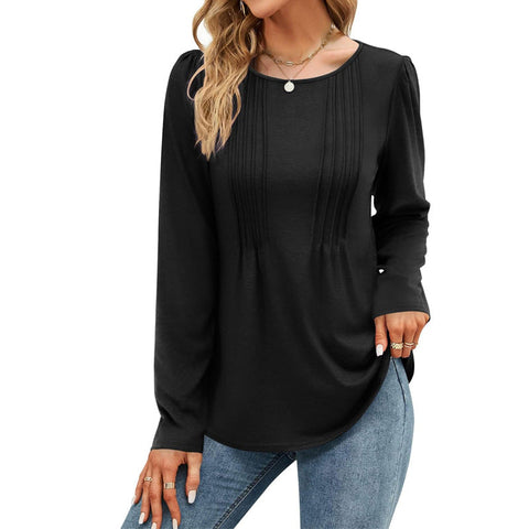 Stripe solid color round neck long-sleeved t-shirt m300549