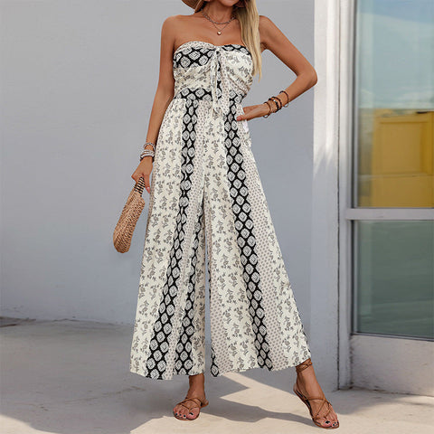 Summer hot-selling high-waisted lace-up wide-leg pants with splicing ethnic style casual wide-leg trousers m300833