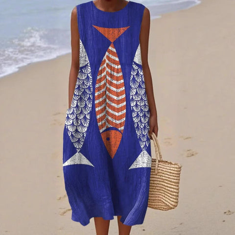 New sleeveless casual printing temperament long dress dress slim fit small fresh casual dress m301521