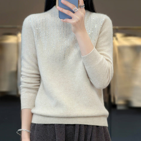 Pure wool semi-turtleneck short diamond-encrusted pullover knitted sweater m300559