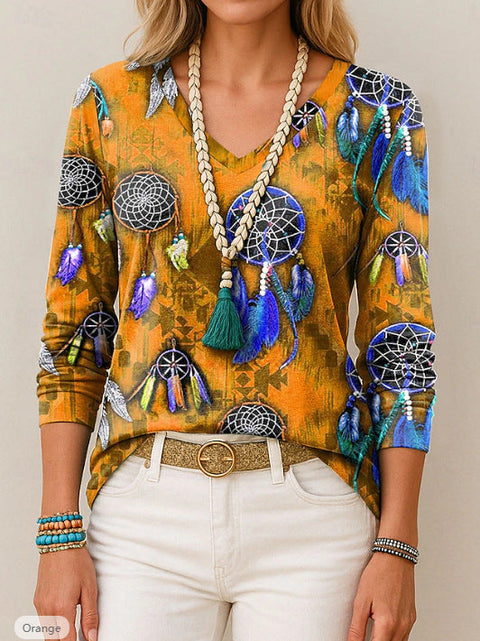 Printed loose long-sleeved V-neck T-shirt m301566