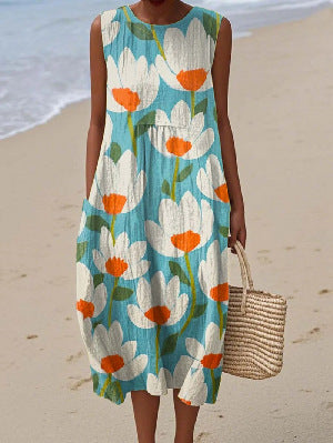 New sleeveless casual printing temperament long dress dress slim fit small fresh casual dress m301521