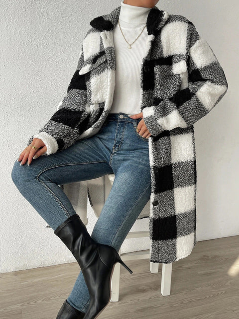Open-button lapel plush plaid jacket loose temperament commuter long coat women m300360